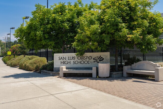 A stone sign outside San Luis Obispo High School greets Meadow Park students.