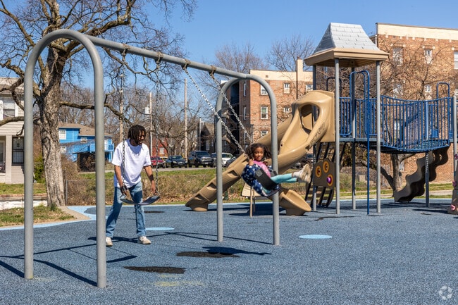 The playground at Prospect Plaza Park is fun for all ages.