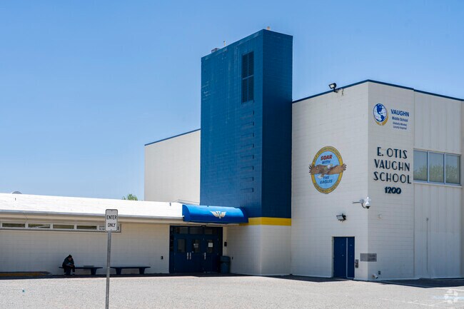The front entrance to E Otis Vaughn Middle School in the Wells avenue neighborhood.