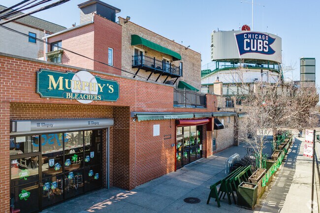 Sports bars and iconic Chicago restaurants line the streets around Wrigley Field.