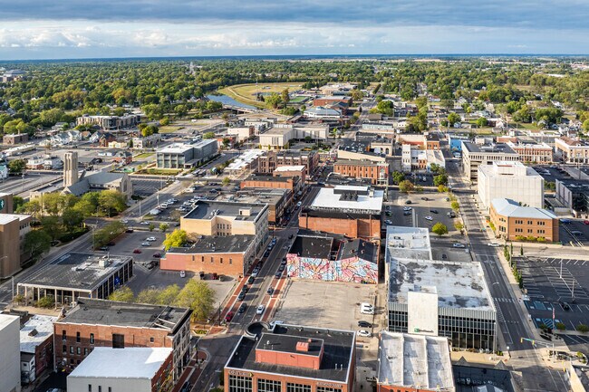 An overview of the Downtown Muncie area and the White River in the background.