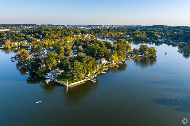 An aerial overview of the Indian Lake East neighborhood on a beautiful afternoon.