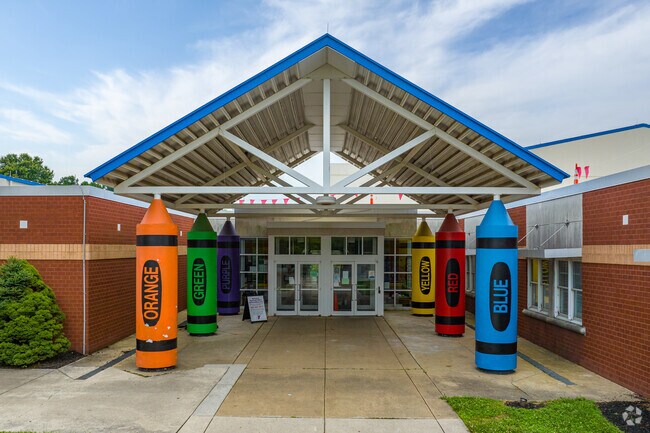 A welcoming and colorful entrance leads students into Thurgood Marshall Elementary in Newark.