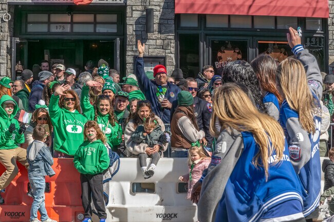Crowds cheer along Mamaroneck Avenue during the Saint Patrick’s Day Parade.