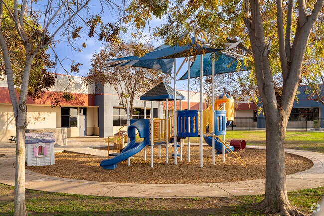 Students at Liberty Elementary School in Tulare enjoy covered outside play areas.