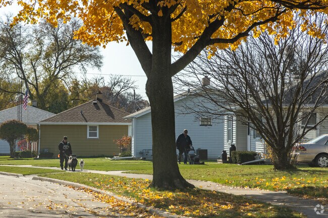 Dog walkers enjoying the fall weather in Stocker, Wisconsin neighborhood.