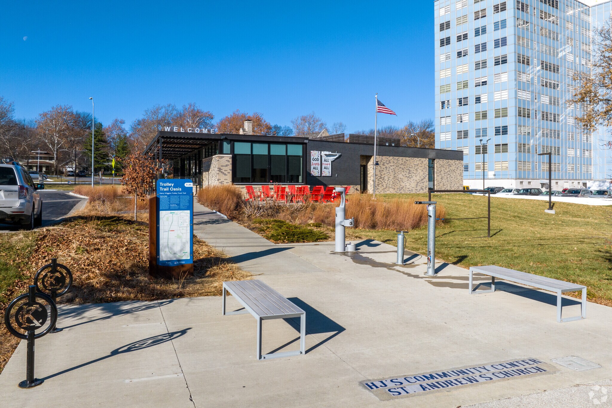 Trolley Track Trail has a bike maintenance area and benches for Morningside residents to use.