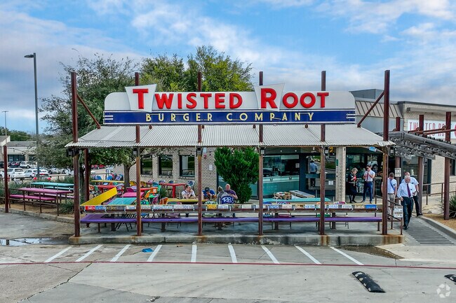Twisted Root Burger Co. in Bedford offers patrons a lively outdoor patio.