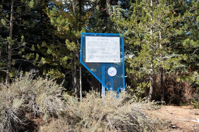 A highway marker discussing the history of Glenbrook and its logging operations which began in 1861.