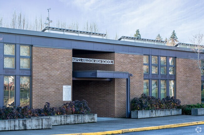 Main student entrance of Hayes Freedom High School.