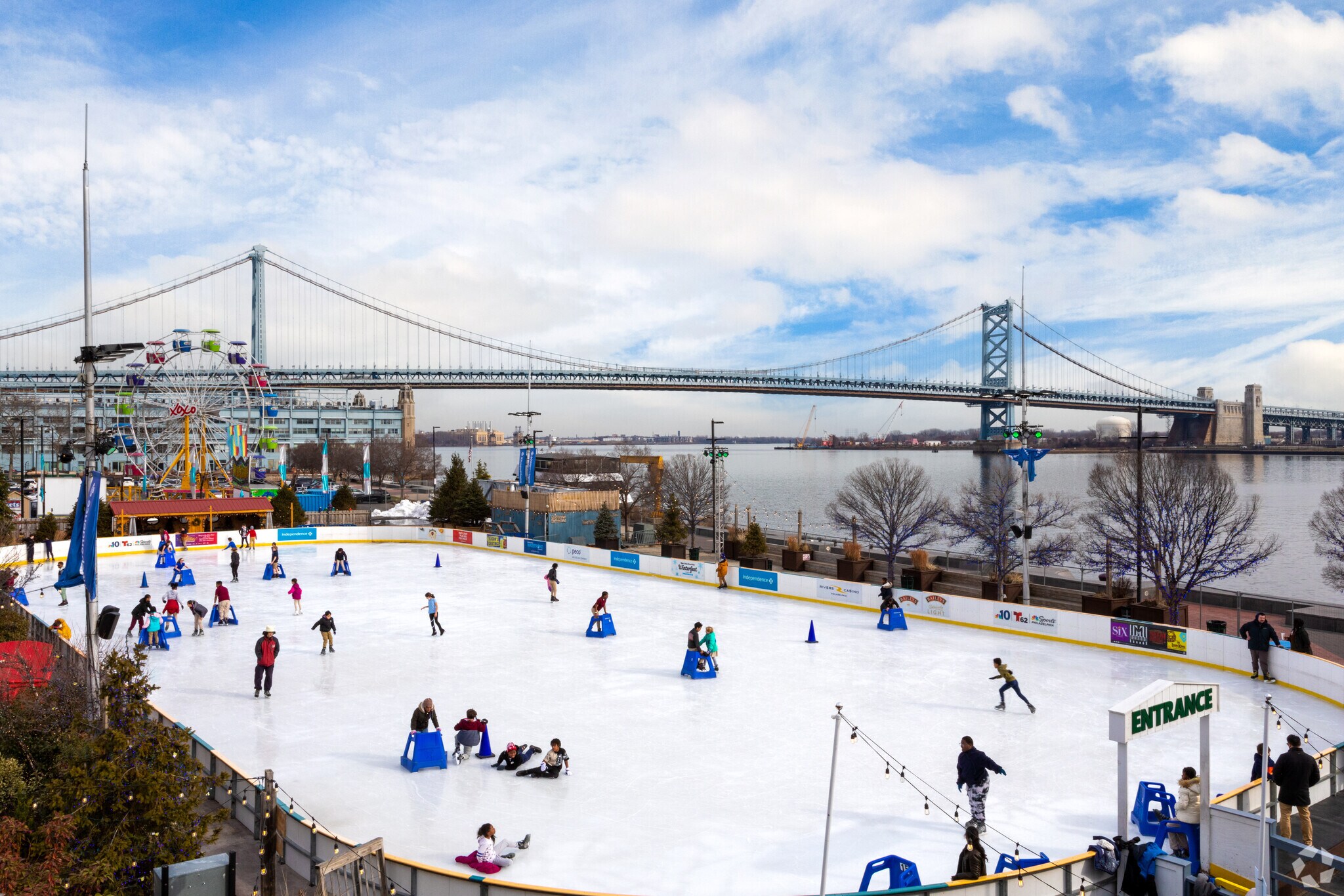 Residents flock to Ben Franklin Bridge in Old City each winter for ice skating by the river.