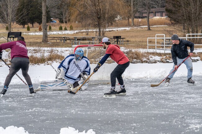 A group of friends play hockey on the frozen Hopewell Lake at French Creek State Park.