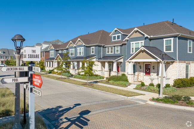 Townhomes in Pecan Square offer modern designs and shared amenities.
