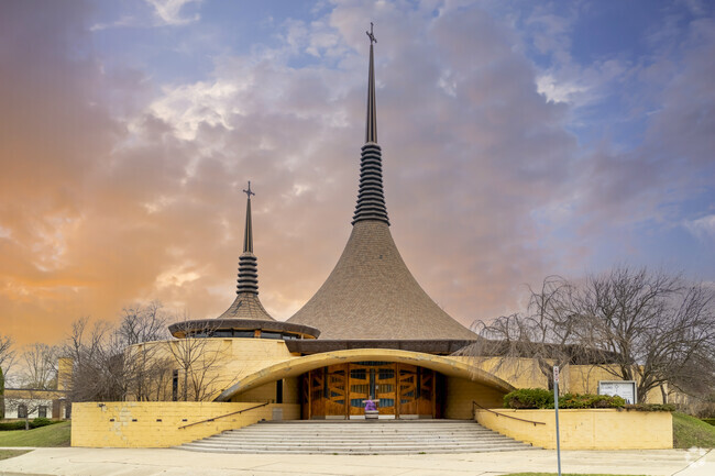 The Frank Lloyd Wright designed church is notable for its sweeping cone-shaped roofs in Alma.