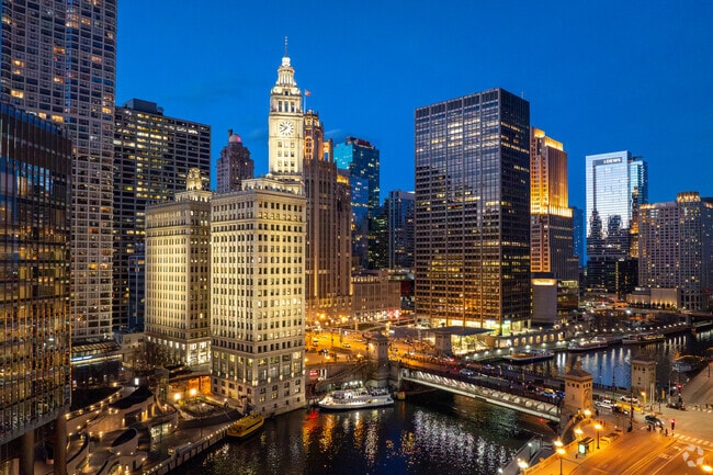 River North at night is an amazing sight to see with countless iconic buildings to see lit up.