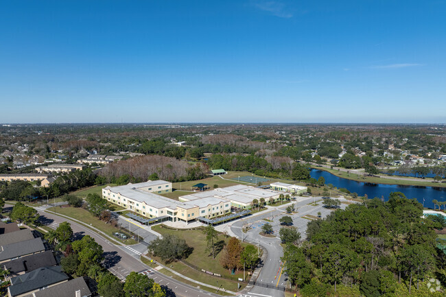 Cypress Springs Elementary School enjoys picturesque scenery from a small lake to the north.