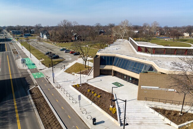 Butzel Family Recreation Center located along newly renovated Kercheval Ave with amenities.