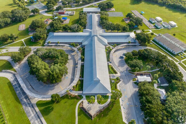 Lakeview Elementary School has a beautiful campus and uniquely shaped building.