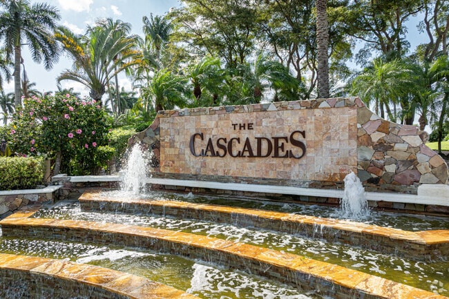 The grand entrance fountain greets residents of The Cascades.