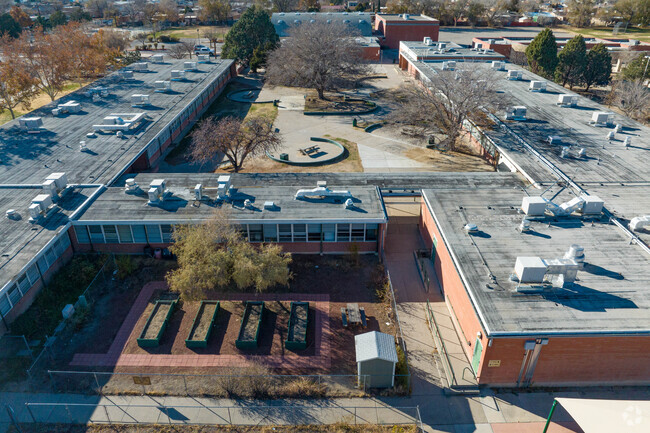 Garden beds and courtyard at John Adams Middle School.