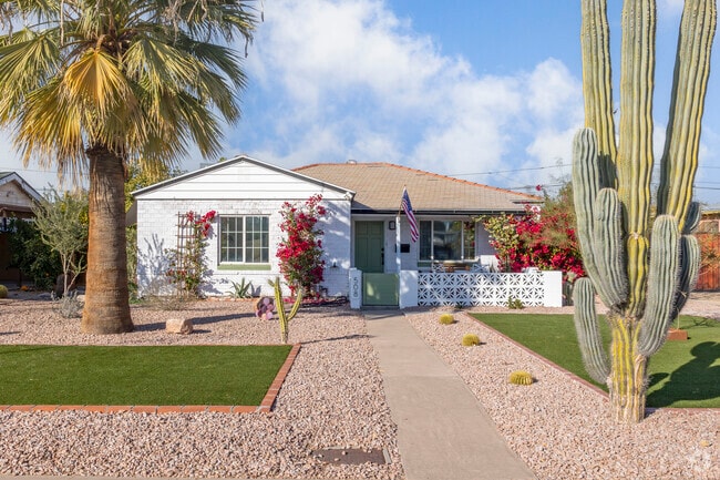 Desert landscaping and low-water plants are common features in front of ranch-style homes throughout Midtown Phoenix.