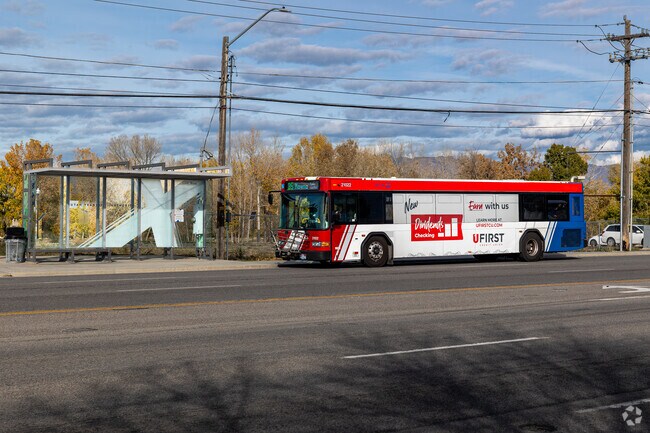 A red, white and blue bus pulls up to a bus stop in Redwood.
