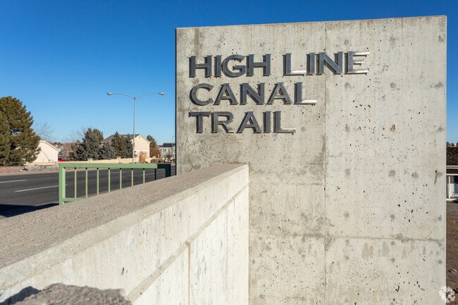 A sign for the High Line Canal Trail near Laredo Highline in Aurora Colorado.