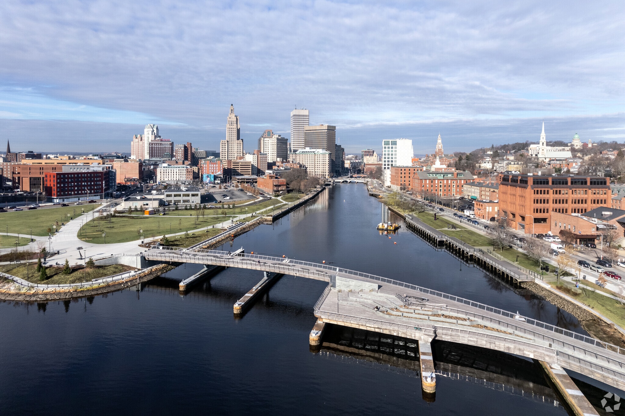 Downtown Providence has a pedestrian bridge to cross over the river.