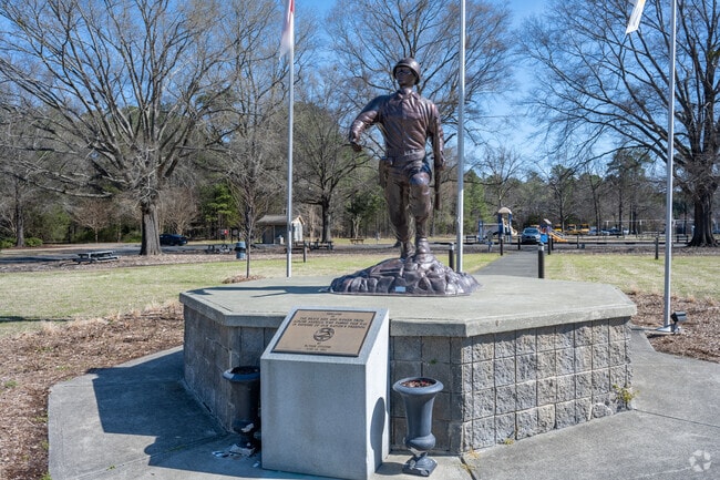 This statue near Town Hall serves as a tribute to the military that once served the city of Butner.