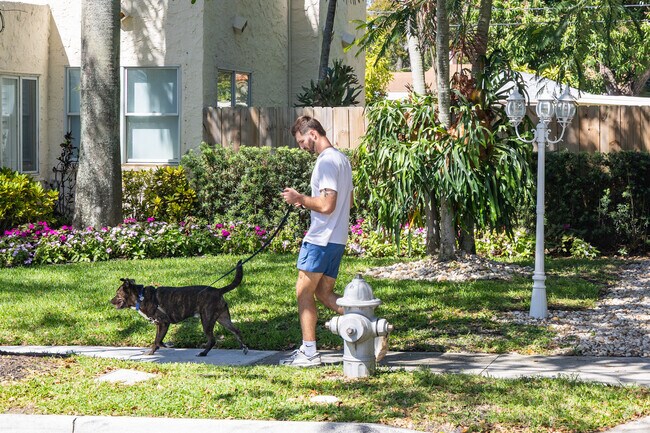A man enjoys Flamingo Park's walkable streets with his pup.