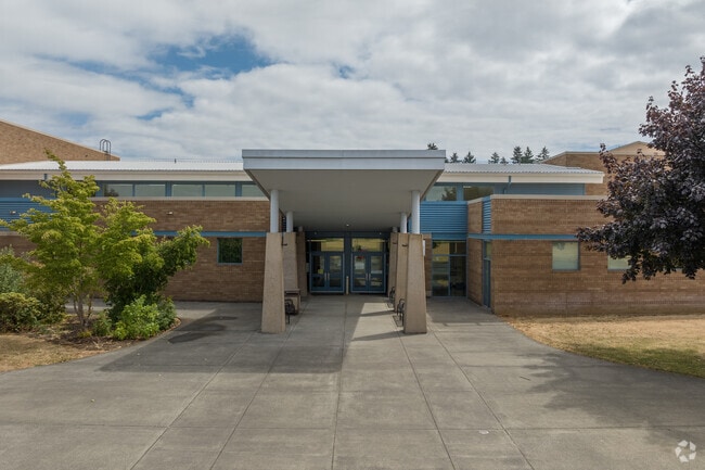 Shalala Middle School's understated main entrance is covered.