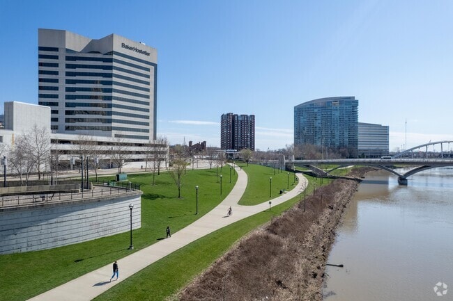 North Bank Condominiums offers skyline views near the Scioto River.