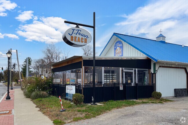 J-Town Beach is a bar and restaurant with imported sand in the backyard.