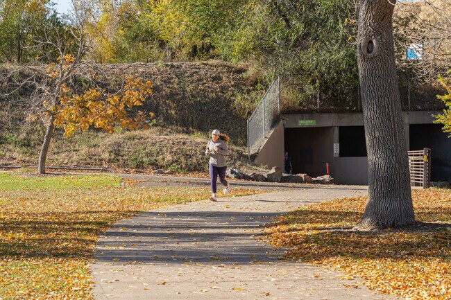 A morning Belleview-Cornerstone Park jogger runs among the Fall leaves.