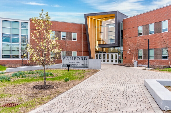 The entrance to Sanford High welcomes students in Sanford, Maine
