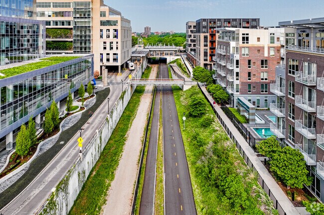 The Midtown Greenway is a dedicated pedestrian and cyclist just east of Lowry Hill East.