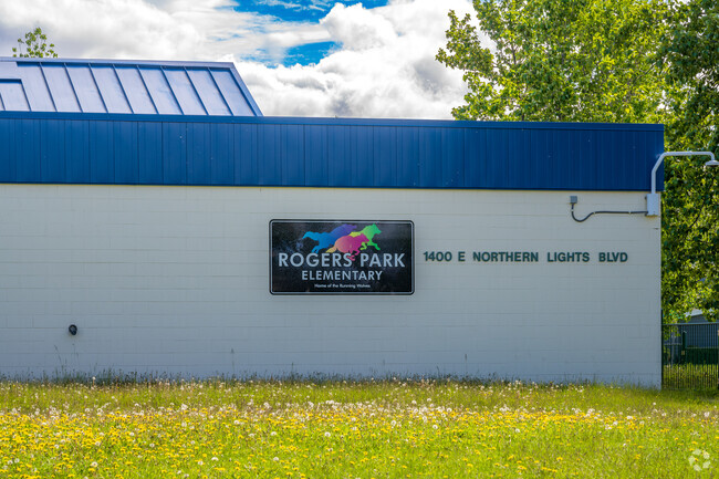 The colorful school sign at Rogers Park Elementary School.