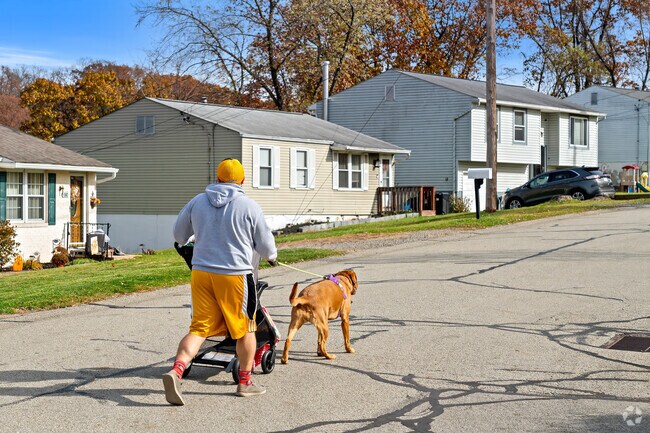 A man walks his baby and his dog through the streets of Crescent Township.