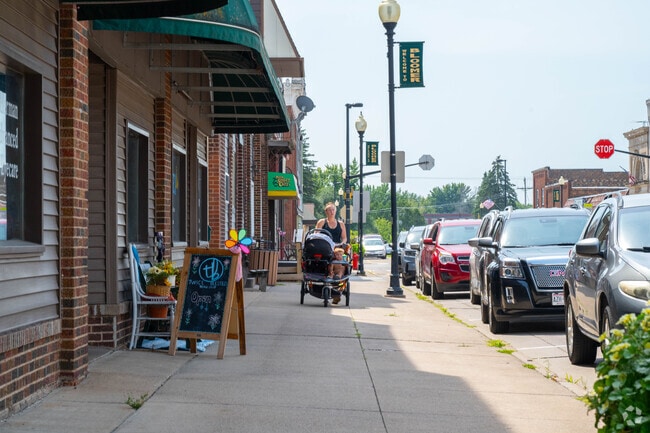 Shops and essentials anchor Bloomer’s historic downtown.