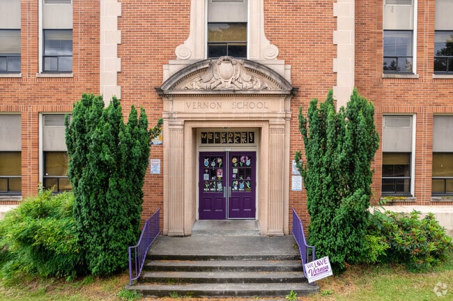 Vernon School's purple front door along NE Killingsworth St.