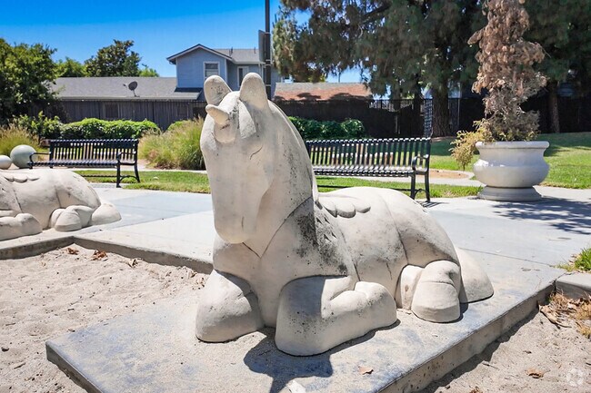 Admire the unicorn sculpture at the park—a whimsical touch that adds magic to the landscape.