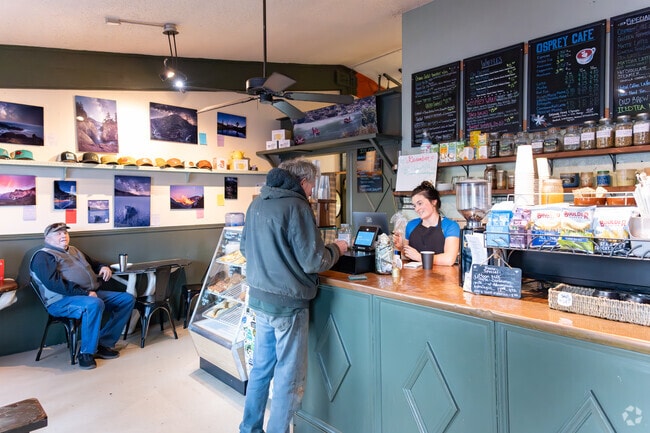 Willow Creek locals catch up over coffee at the Osprey Cafe.