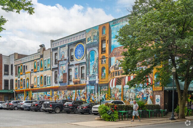 Downtown Williamsport is a short trip from Grimesville and features colorful murals.