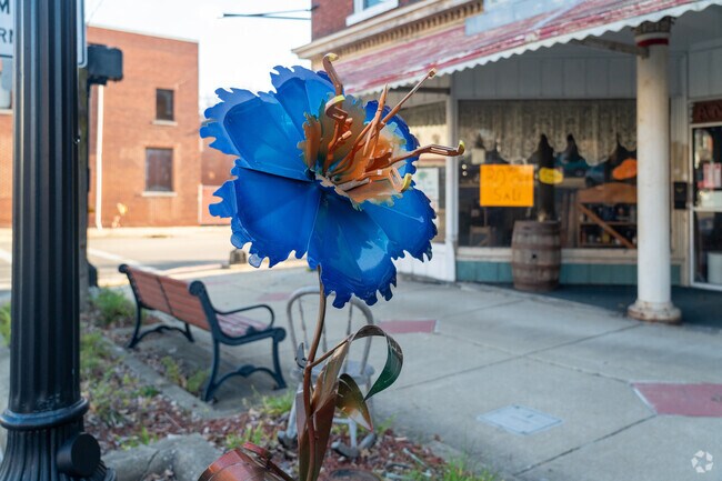 Art displays of metallic flowers decorate Carrollton's downtown area.