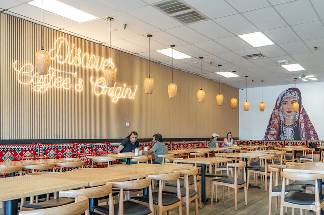 Qamaria Yemeni Coffee Co is a trendy cafe serving single-origin Yemeni coffee alongside desserts such as baklava.