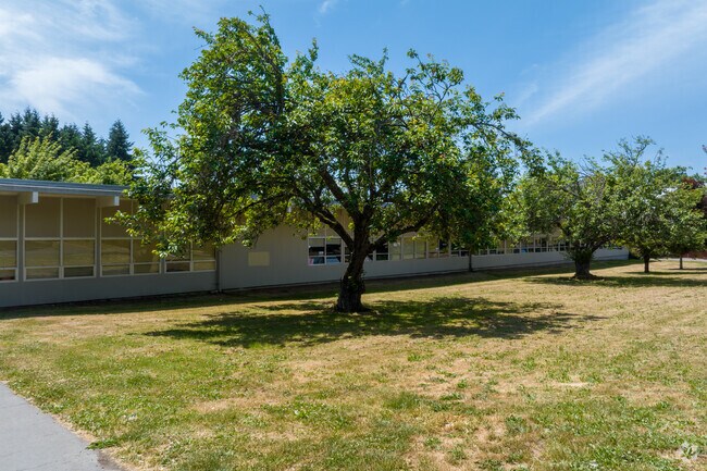Much of Atkinson Elementary is surrounded by mature trees on SE Division Street in Portland.