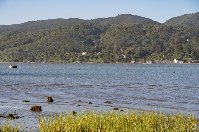 Inverness is located on the shore of Tomales Bay with homes all the way up the hillside.