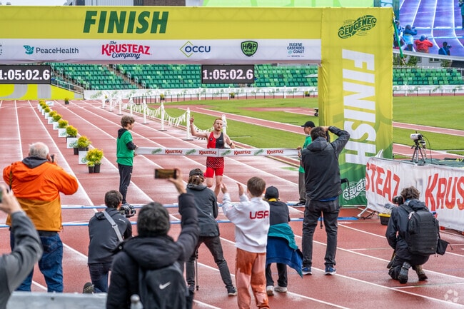 The Eugene Marathon finishes with a half lap around the track at iconic Hayward Field.