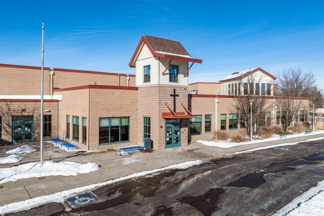 The main entrance at Frassati Catholic Academy in Thornton, Colorado.