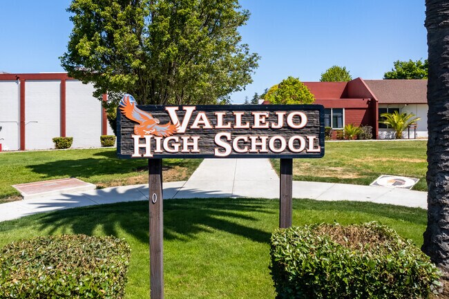 Vallejo High signage features an emblem of their school mascot.